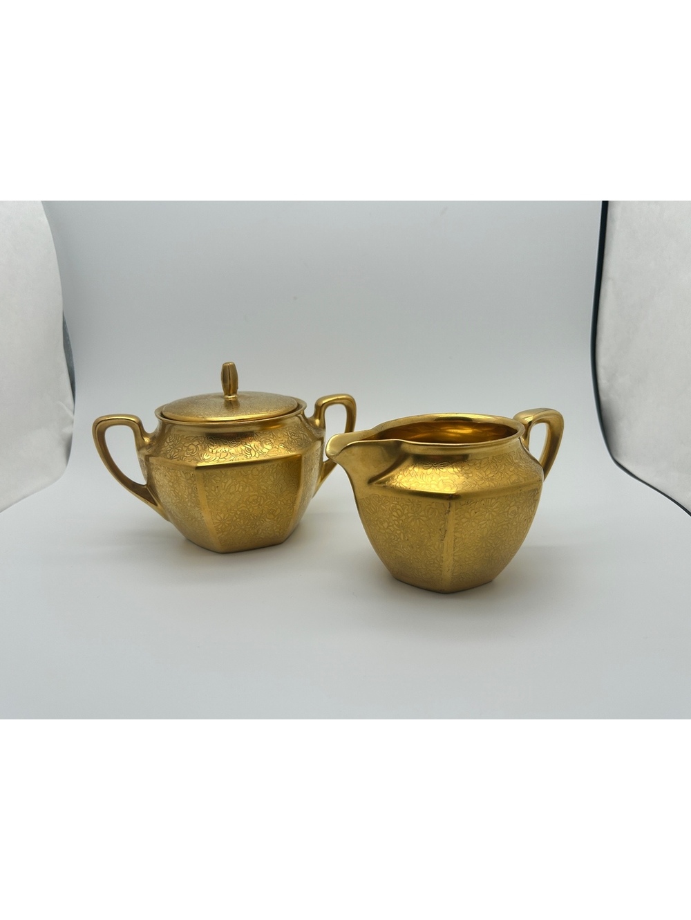 Vintage Pickard 24K Gold Encrusted “Rose & Daisy” Sugar and Creamer